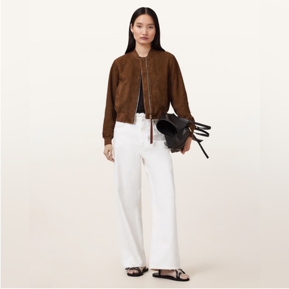 All saints Orten Suede Bomber Jacket in Cognac Brown - Picture 2 of 10